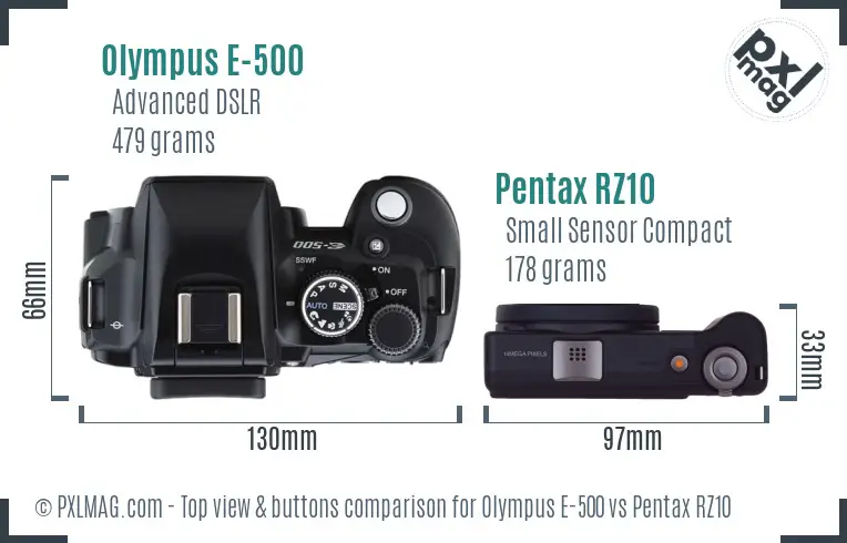 Olympus E-500 vs Pentax RZ10 top view buttons comparison