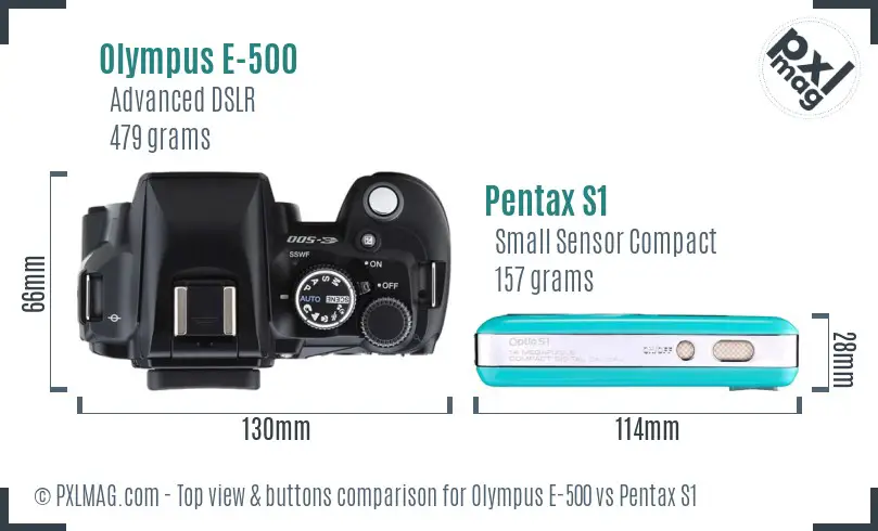 Olympus E-500 vs Pentax S1 top view buttons comparison