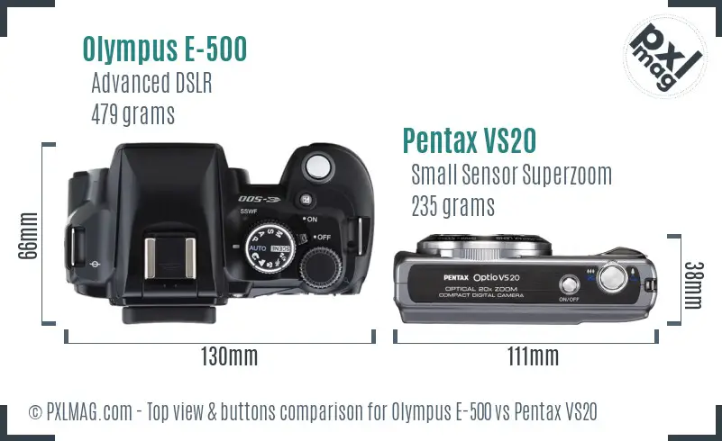 Olympus E-500 vs Pentax VS20 top view buttons comparison