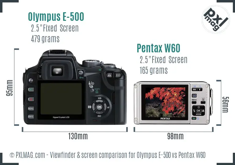 Olympus E-500 vs Pentax W60 Screen and Viewfinder comparison