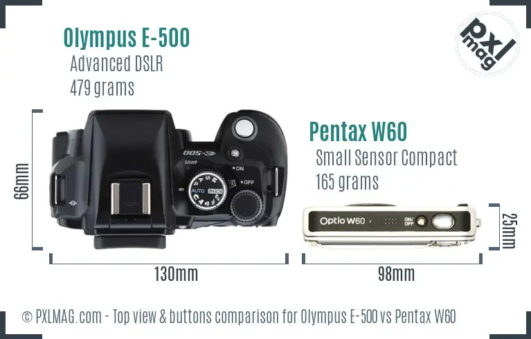 Olympus E-500 vs Pentax W60 top view buttons comparison
