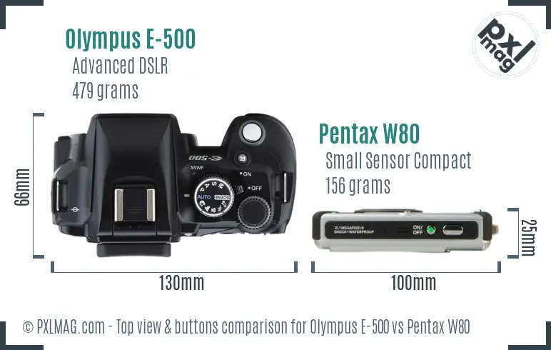 Olympus E-500 vs Pentax W80 top view buttons comparison