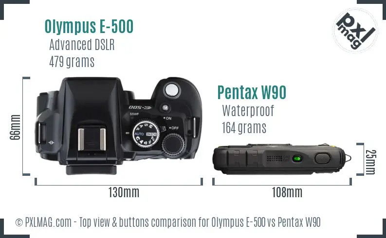 Olympus E-500 vs Pentax W90 top view buttons comparison