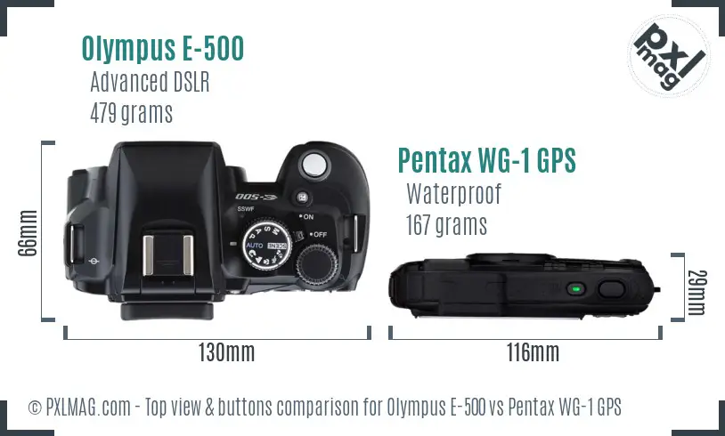 Olympus E-500 vs Pentax WG-1 GPS top view buttons comparison