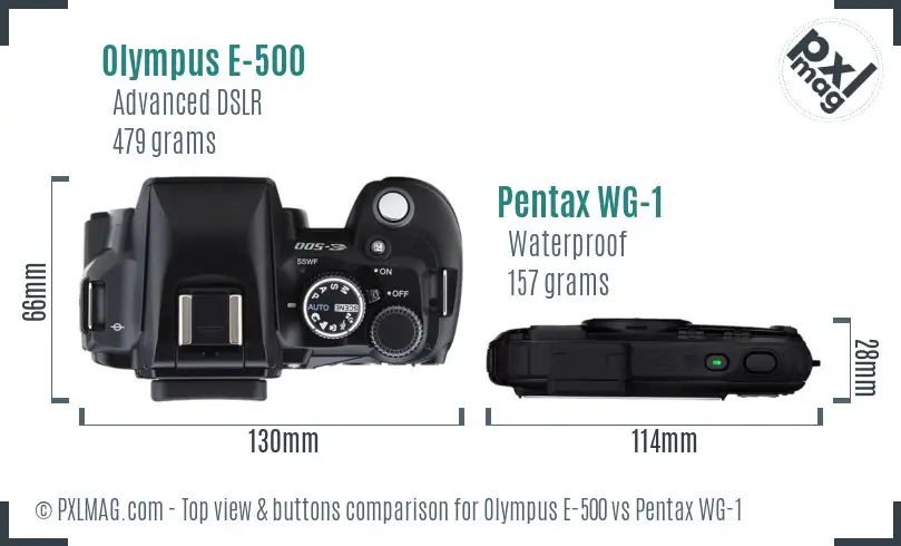 Olympus E-500 vs Pentax WG-1 top view buttons comparison