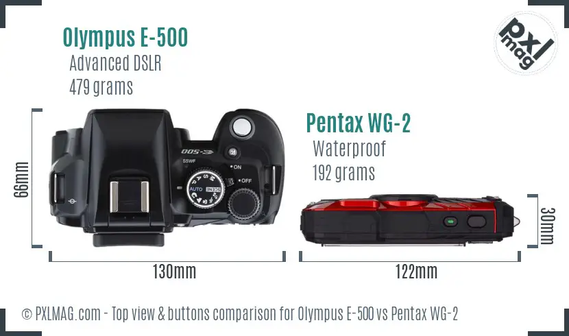 Olympus E-500 vs Pentax WG-2 top view buttons comparison