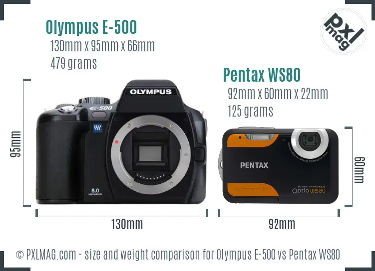Olympus E-500 vs Pentax WS80 size comparison