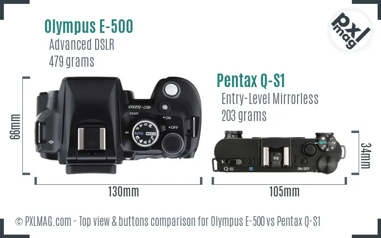 Olympus E-500 vs Pentax Q-S1 top view buttons comparison