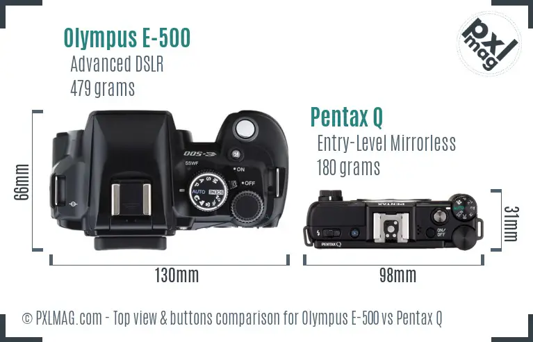 Olympus E-500 vs Pentax Q top view buttons comparison