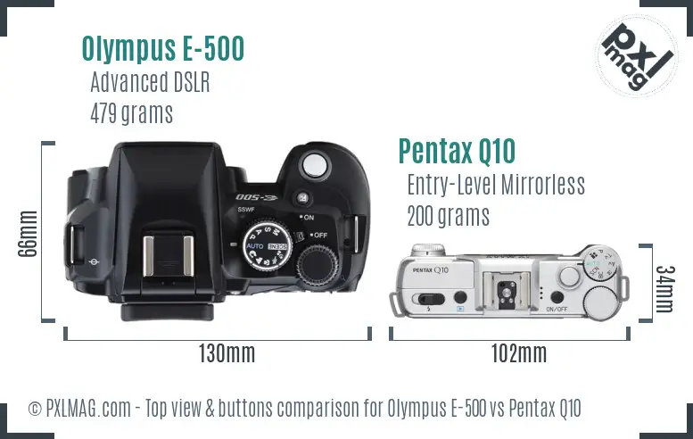 Olympus E-500 vs Pentax Q10 top view buttons comparison