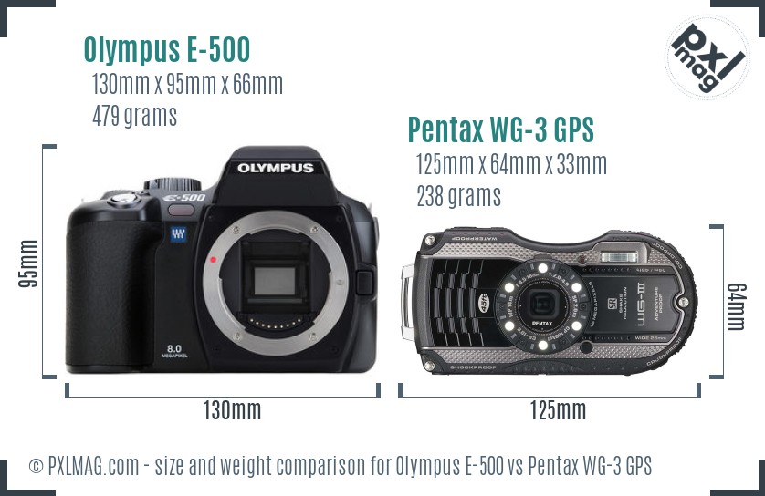 Olympus E-500 vs Pentax WG-3 GPS size comparison Olympus E-500 vs Pentax WG-3 GPS size comparison