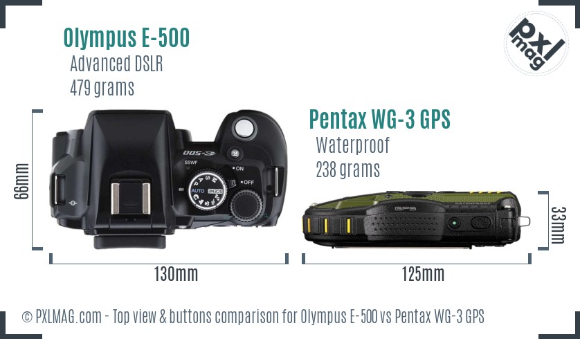 Olympus E-500 vs Pentax WG-3 GPS top view buttons comparison
