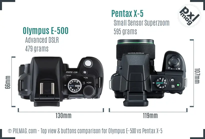 Olympus E-500 vs Pentax X-5 top view buttons comparison