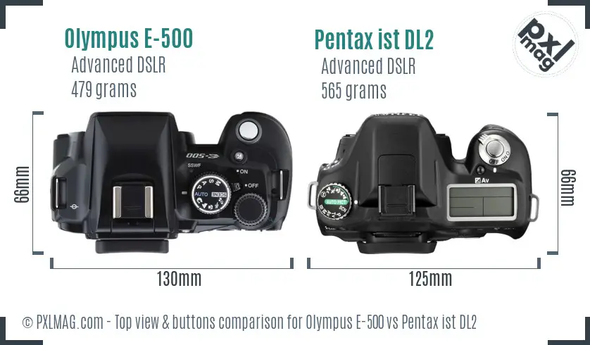 Olympus E-500 vs Pentax ist DL2 top view buttons comparison