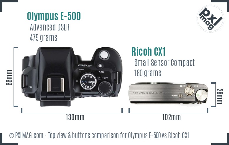Olympus E-500 vs Ricoh CX1 top view buttons comparison