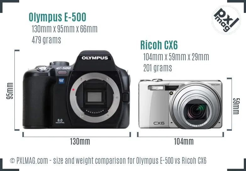 Olympus E-500 vs Ricoh CX6 size comparison