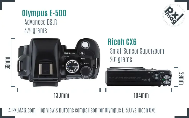 Olympus E-500 vs Ricoh CX6 top view buttons comparison