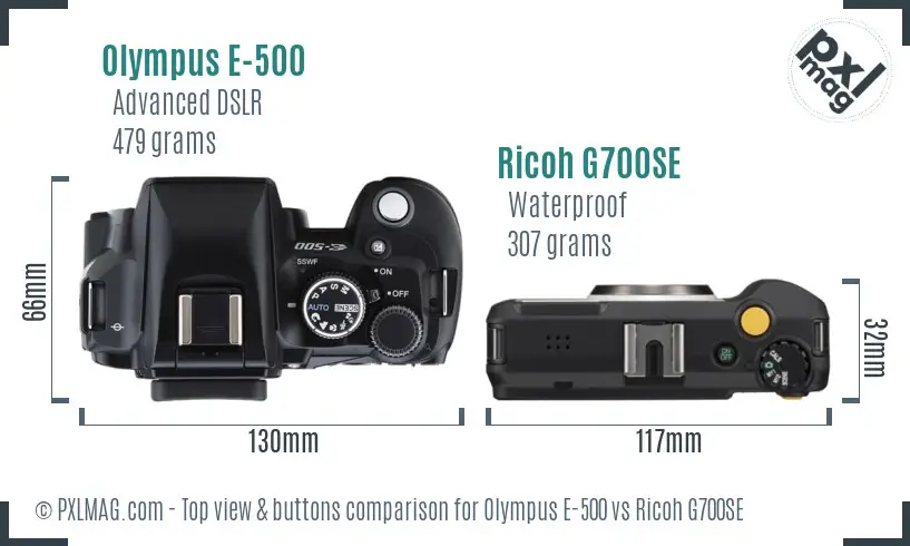 Olympus E-500 vs Ricoh G700SE top view buttons comparison