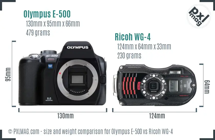 Olympus E-500 vs Ricoh WG-4 size comparison