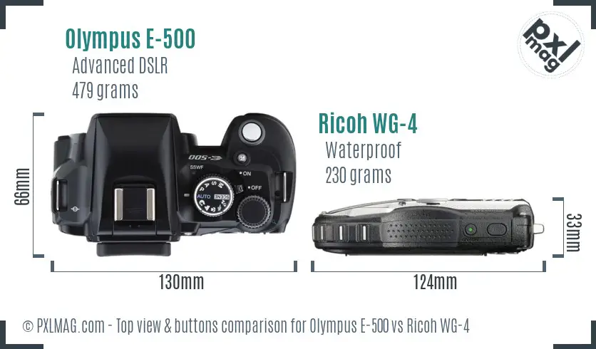 Olympus E-500 vs Ricoh WG-4 top view buttons comparison