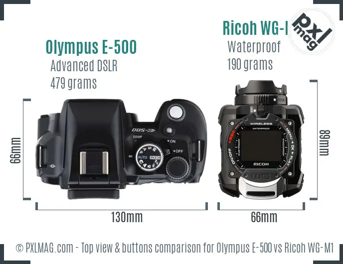 Olympus E-500 vs Ricoh WG-M1 top view buttons comparison
