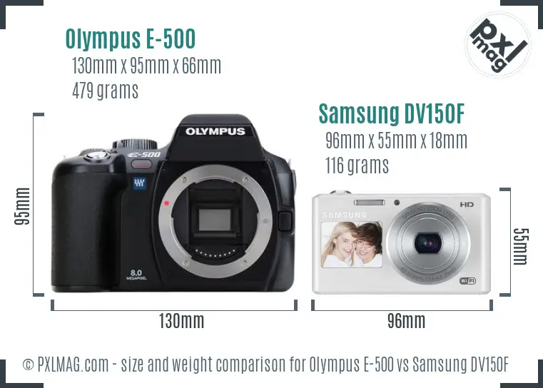 Olympus E-500 vs Samsung DV150F size comparison