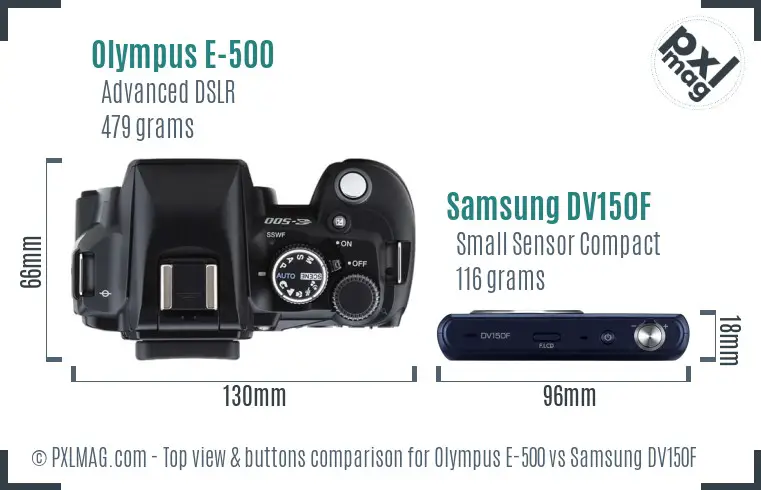 Olympus E-500 vs Samsung DV150F top view buttons comparison