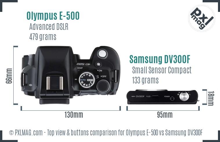 Olympus E-500 vs Samsung DV300F top view buttons comparison