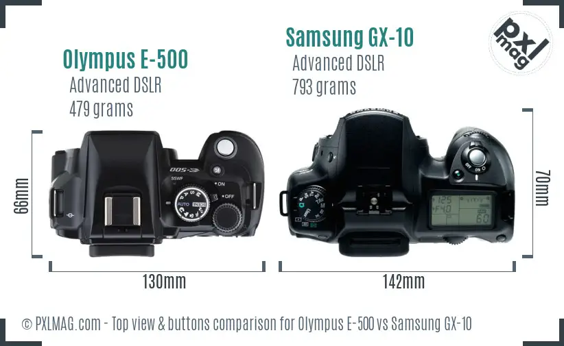 Olympus E-500 vs Samsung GX-10 top view buttons comparison