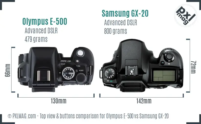 Olympus E-500 vs Samsung GX-20 top view buttons comparison