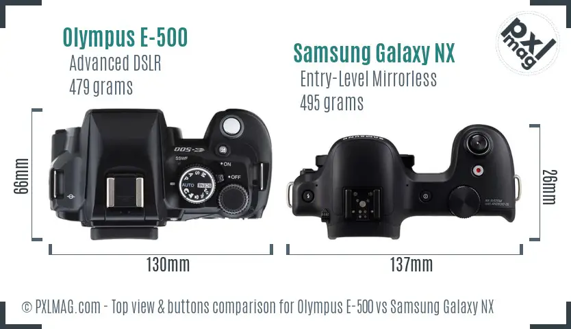 Olympus E-500 vs Samsung Galaxy NX top view buttons comparison