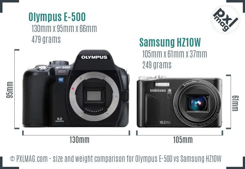 Olympus E-500 vs Samsung HZ10W size comparison