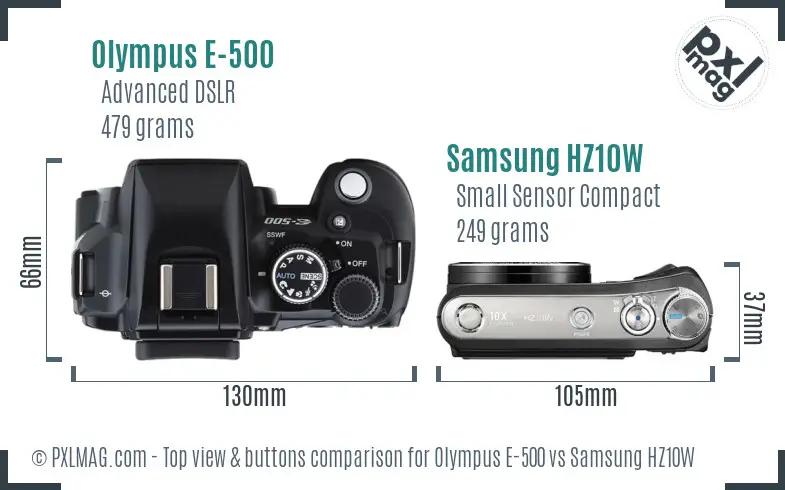 Olympus E-500 vs Samsung HZ10W top view buttons comparison