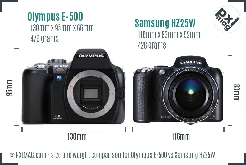 Olympus E-500 vs Samsung HZ25W size comparison Olympus E-500 vs Samsung HZ25W size comparison