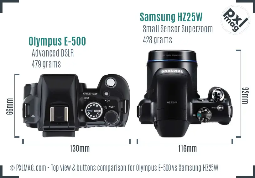 Olympus E-500 vs Samsung HZ25W top view buttons comparison Olympus E-500 vs Samsung HZ25W top view buttons comparison