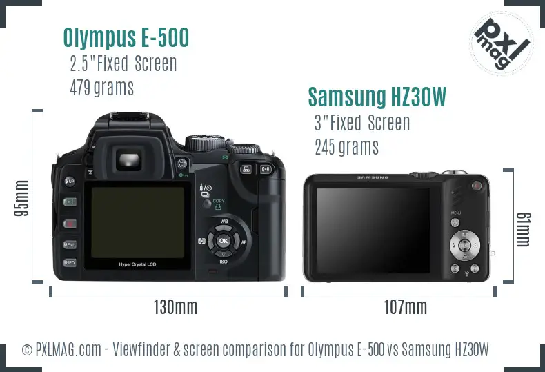 Olympus E-500 vs Samsung HZ30W Screen and Viewfinder comparison