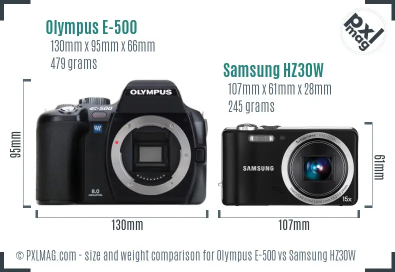 Olympus E-500 vs Samsung HZ30W size comparison