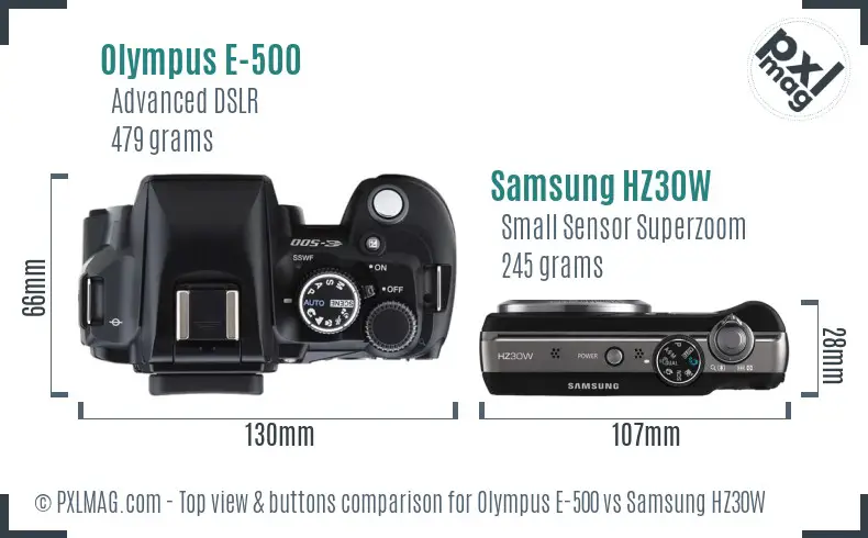 Olympus E-500 vs Samsung HZ30W top view buttons comparison