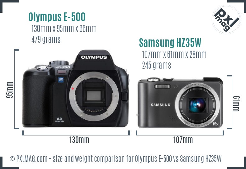 Olympus E-500 vs Samsung HZ35W size comparison