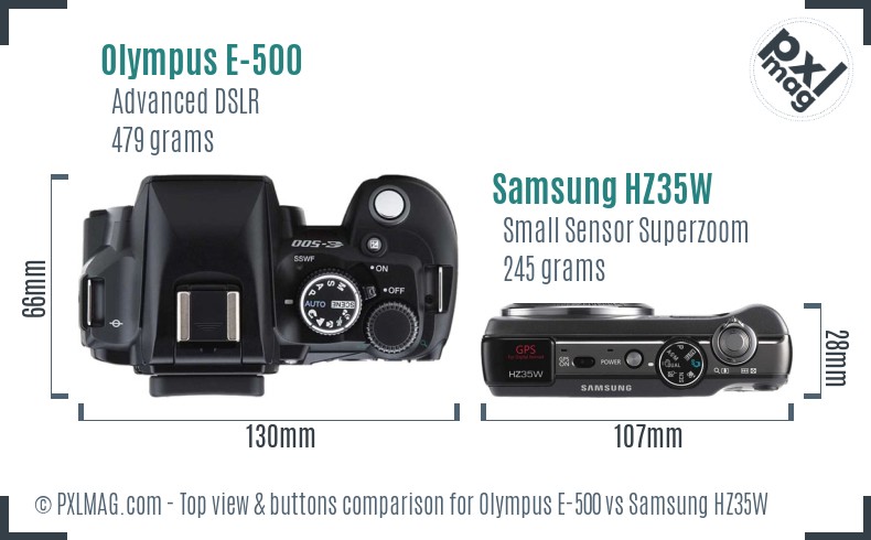 Olympus E-500 vs Samsung HZ35W top view buttons comparison