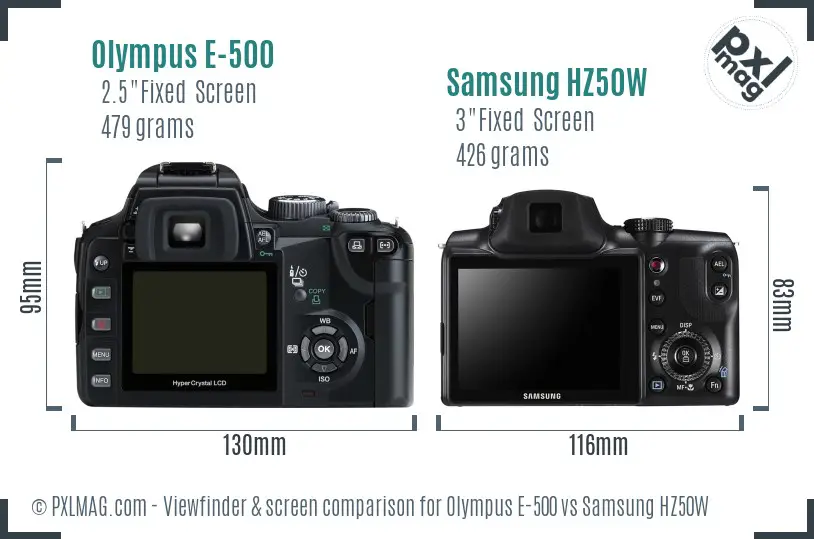 Olympus E-500 vs Samsung HZ50W Screen and Viewfinder comparison