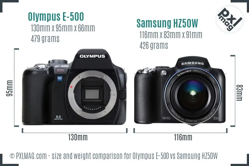 Olympus E-500 vs Samsung HZ50W size comparison