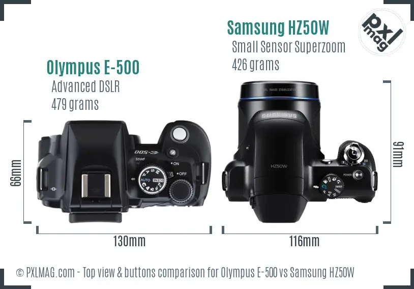 Olympus E-500 vs Samsung HZ50W top view buttons comparison