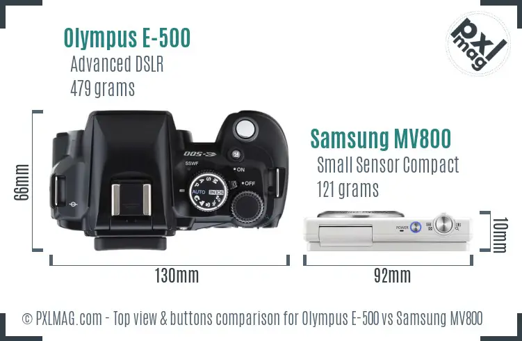 Olympus E-500 vs Samsung MV800 top view buttons comparison
