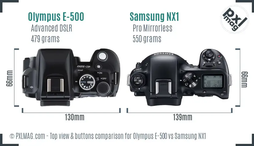 Olympus E-500 vs Samsung NX1 top view buttons comparison