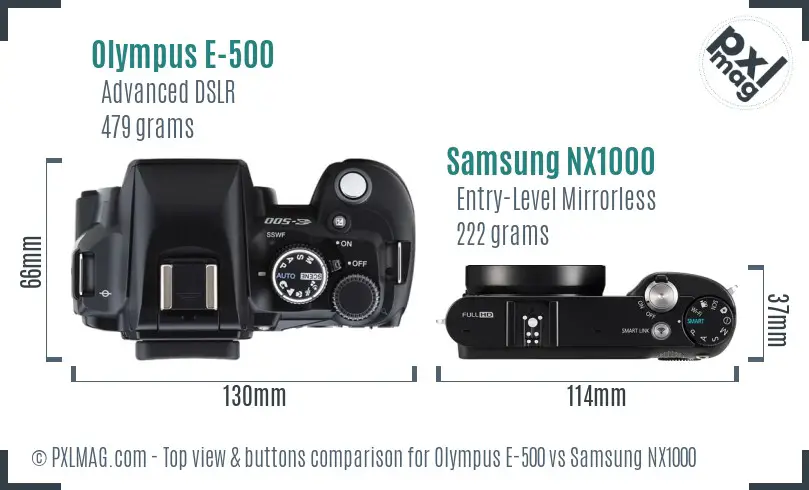 Olympus E-500 vs Samsung NX1000 top view buttons comparison Olympus E-500 vs Samsung NX1000 top view buttons comparison