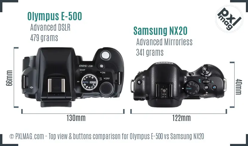 Olympus E-500 vs Samsung NX20 top view buttons comparison
