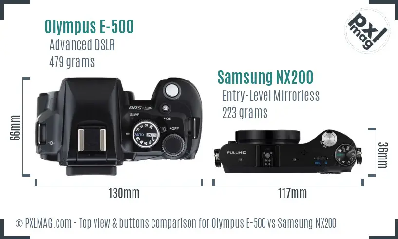 Olympus E-500 vs Samsung NX200 top view buttons comparison