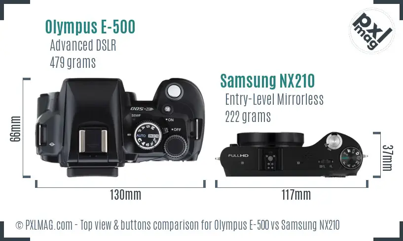 Olympus E-500 vs Samsung NX210 top view buttons comparison