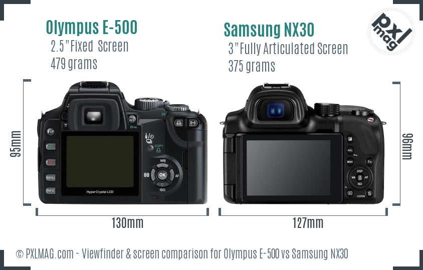 Olympus E-500 vs Samsung NX30 Screen and Viewfinder comparison